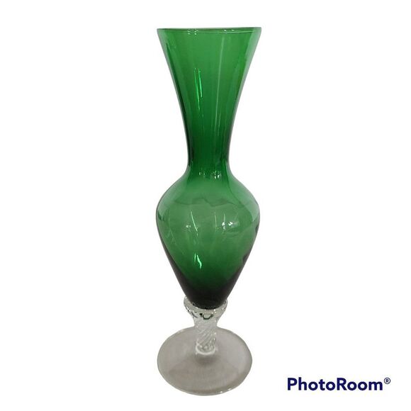 Vintage Hand Blown Glass Art Green Glass Vase With Clear Glass Twist Footed Base - Picture 1 of 12